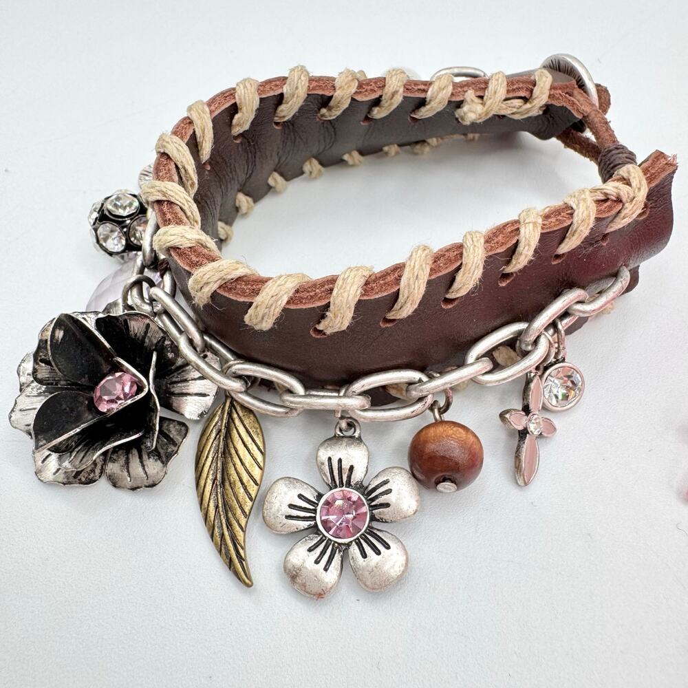 Guess 90s Y2K Chunky Brown Leather & Chain Charm Bracelet Boho Floral